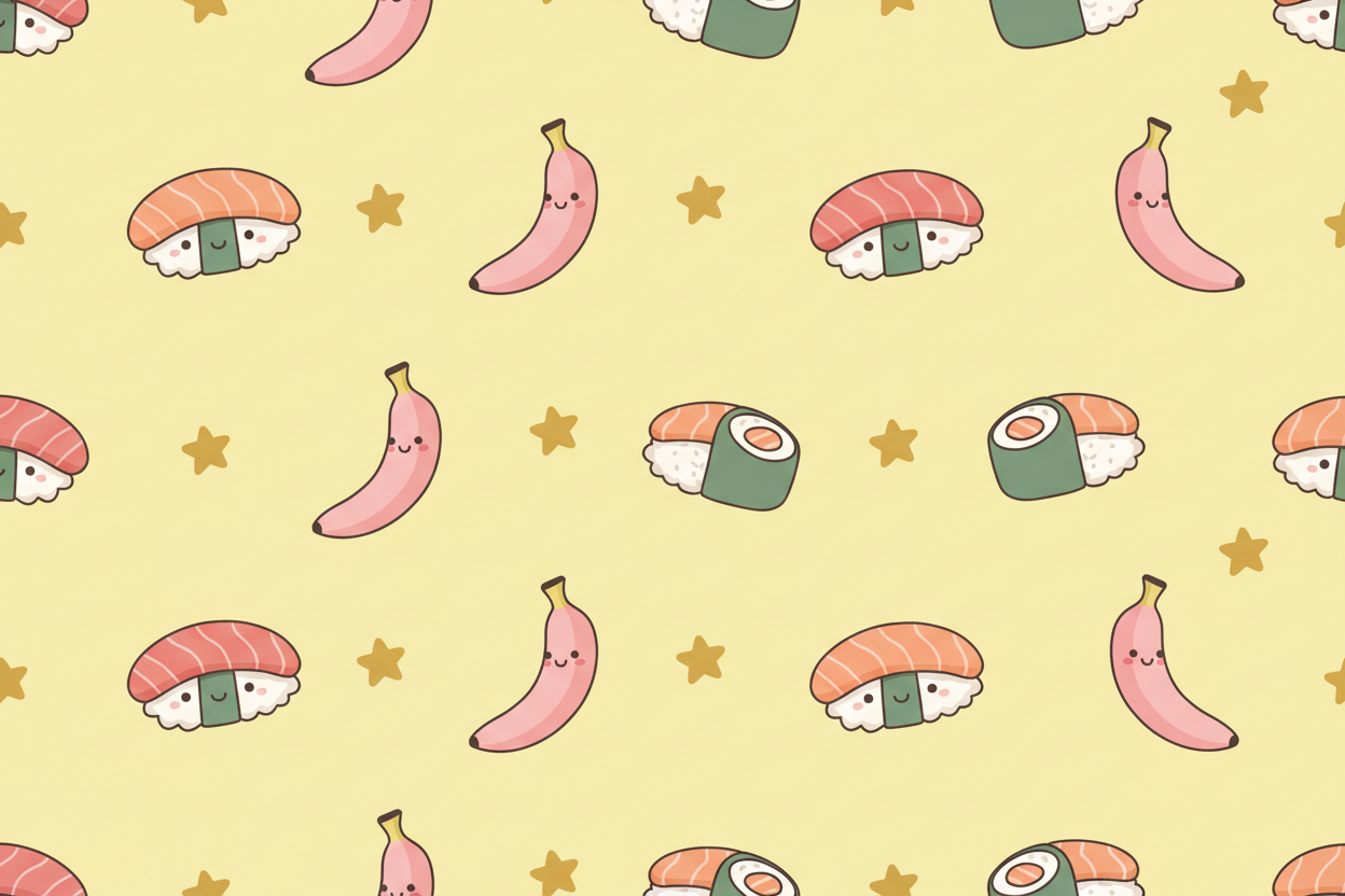 please generate a pastel yellow background with pretty pink colored banana pattern, as well as tuna and sake sushi icons, and stars that are slightly darker than background. I want it to be really pretty and cute and simple for my page