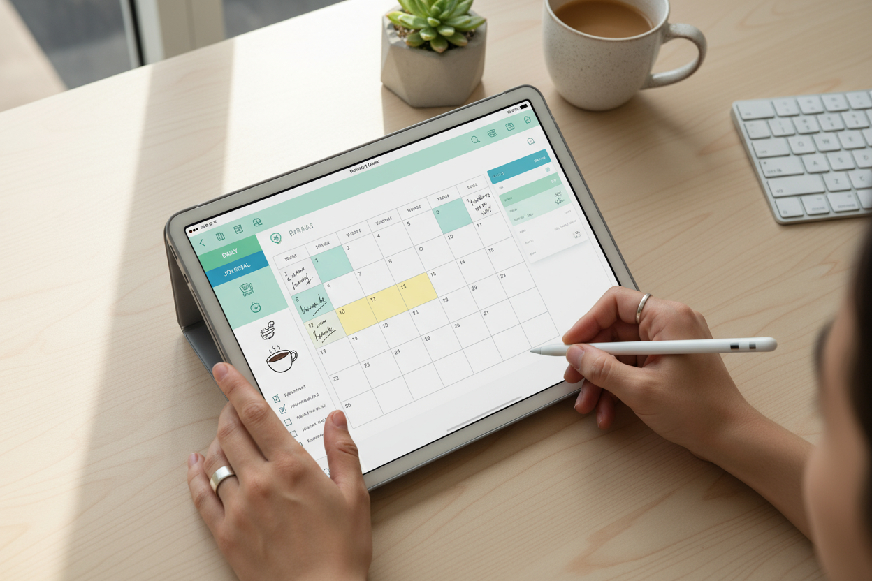 Top view of someone doing digital planning and writing in their diary on an ipad 